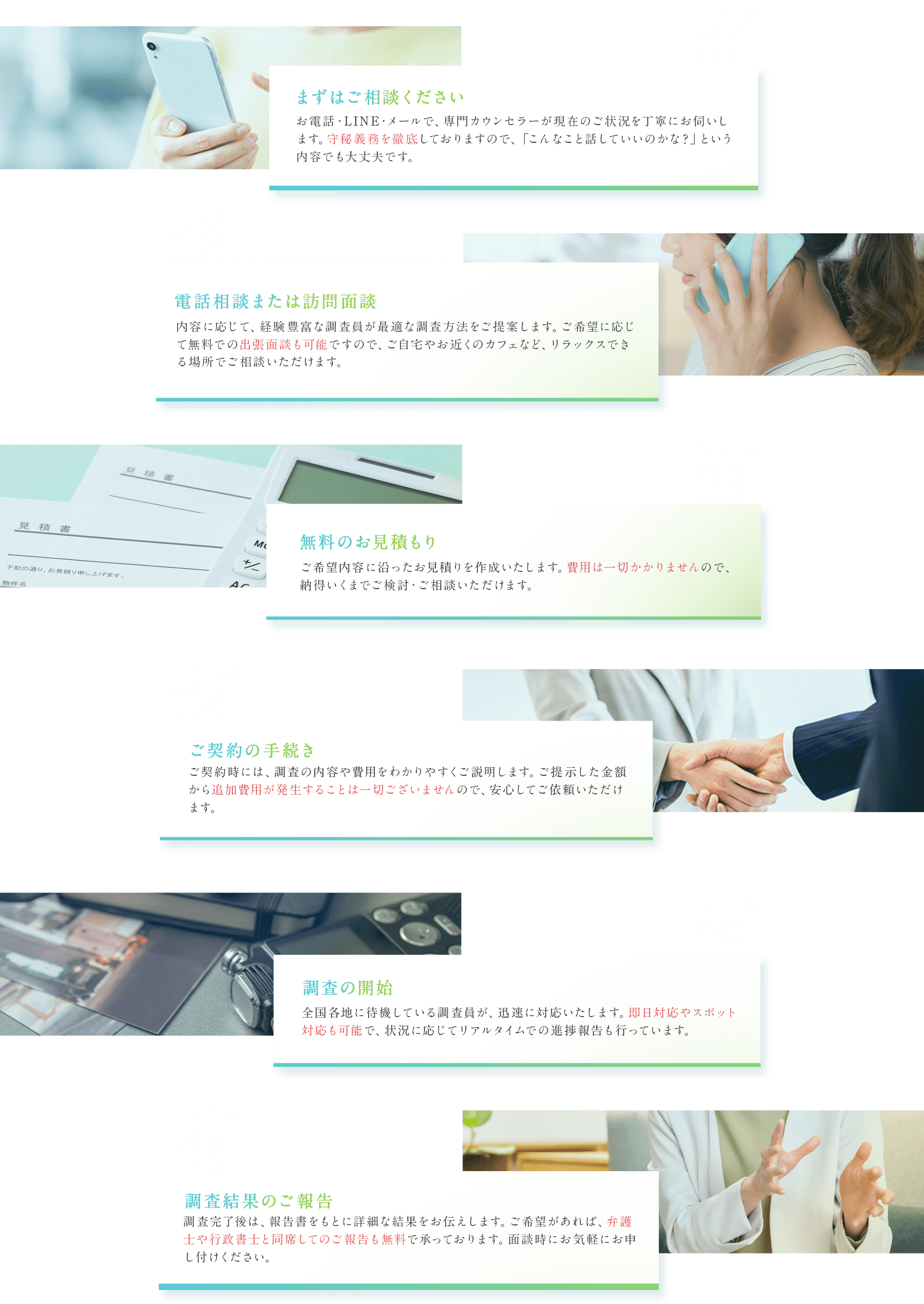 01まずはご相談ください 02電話相談または訪問面談 03無料のお見積り 04ご契約の手続き 05調査の開始 06調査結果のご報告